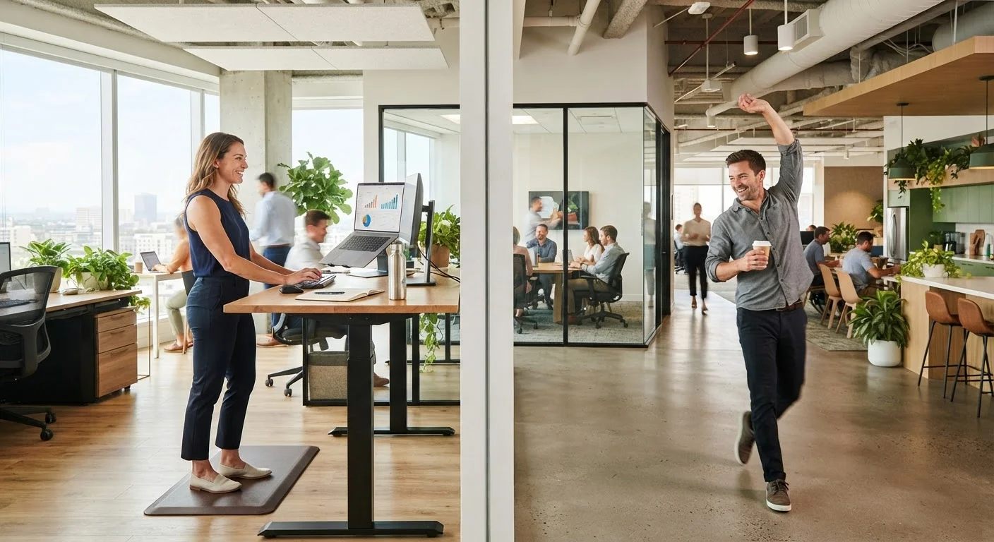 Split scene of a person standing at a desk and another person walking and stretching at work