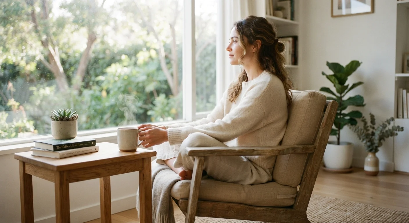 Person sitting quietly by a sunlit window holding a warm cup of tea in a calm, minimalist room