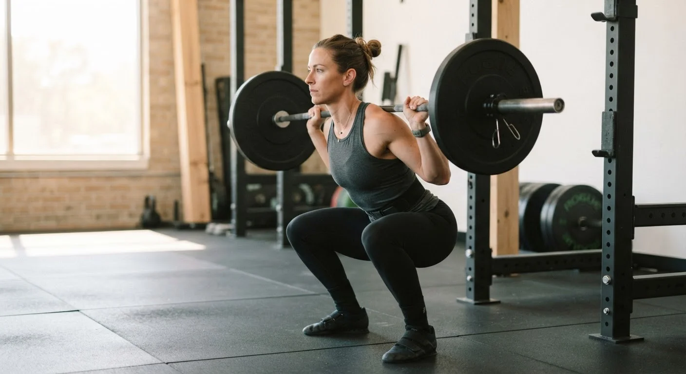 An adult performing a barbell squat with correct form in a well-lit gym