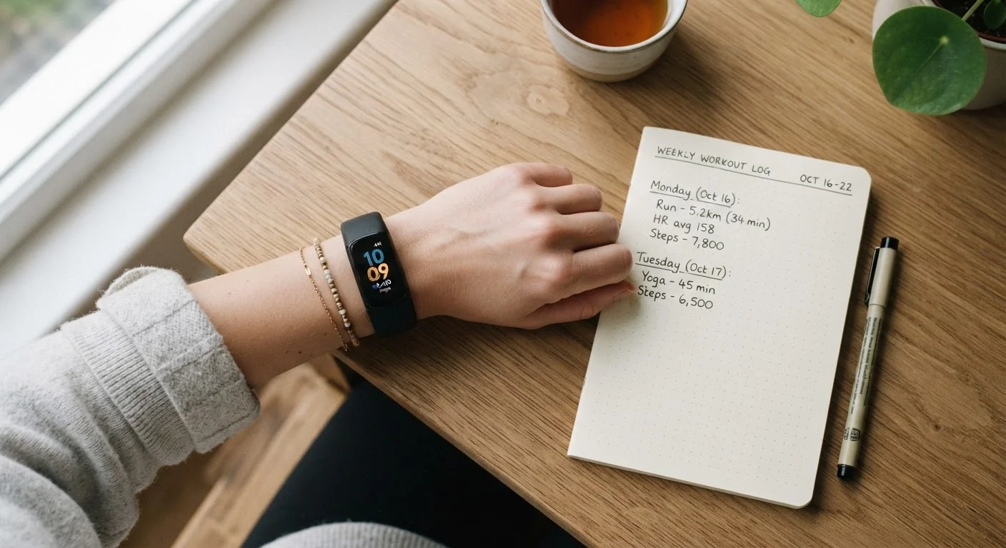 A fitness tracker on a wrist next to a notebook showing daily activity data and step counts