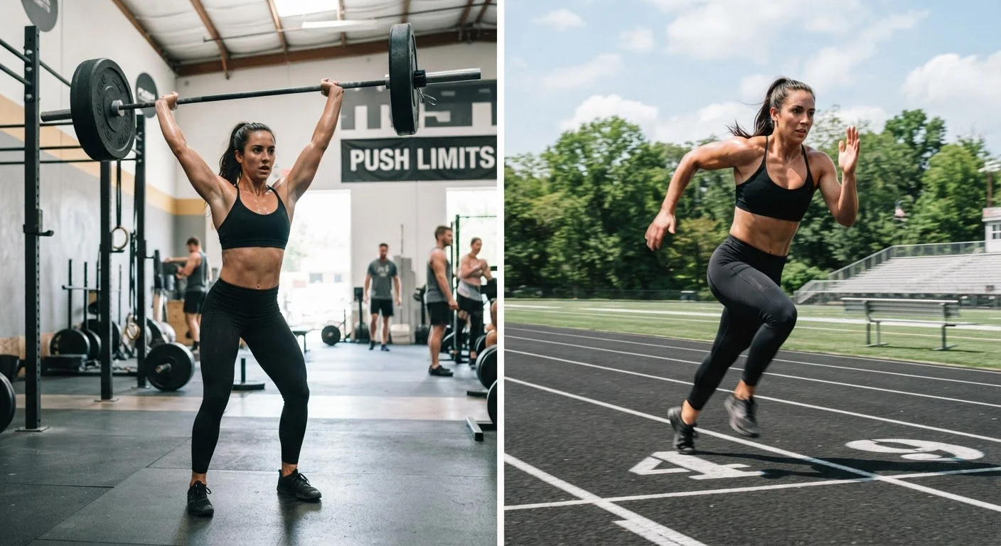 Person alternating between strength training with weights and cardio running on a track