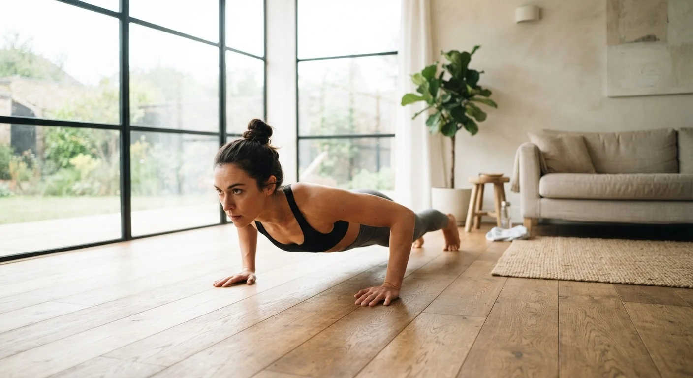 Person performing a bodyweight push-up on a wooden floor in a sunlit living room.