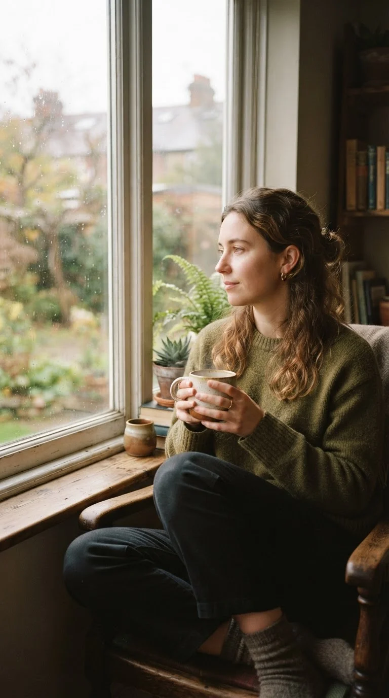 Person sitting by a window with a warm drink, looking calm and reflective after burnout.
