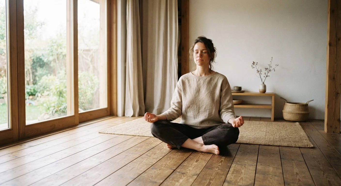 Adult sitting calmly on a wooden floor practicing mindfulness breathing in soft natural light