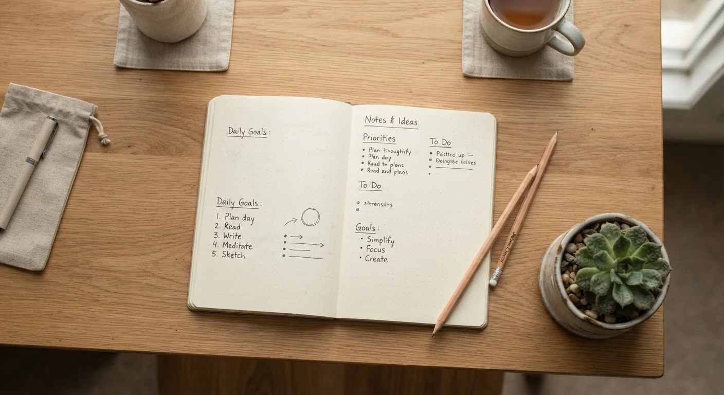 Open notebook and pencil on a tidy wooden desk with a small green plant nearby.