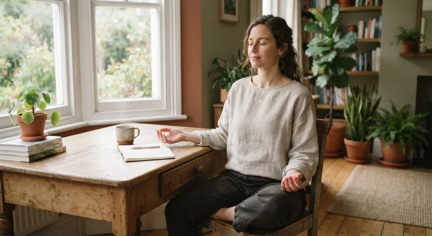 A calm adult sitting by a sunlit window with eyes closed in a relaxed, restful posture