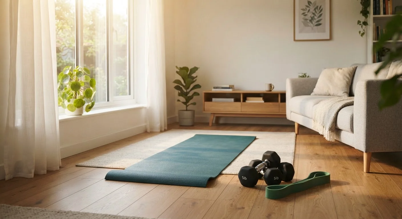 A yoga mat and light dumbbells set up in a sunlit home living room ready for a workout