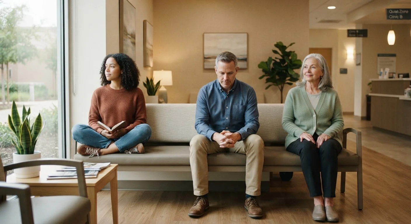 Three adults of different life stages sitting in a bright, welcoming medical waiting room