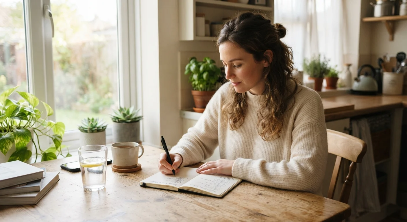 Person writing health notes in a notebook at a sunlit kitchen table in the morning.