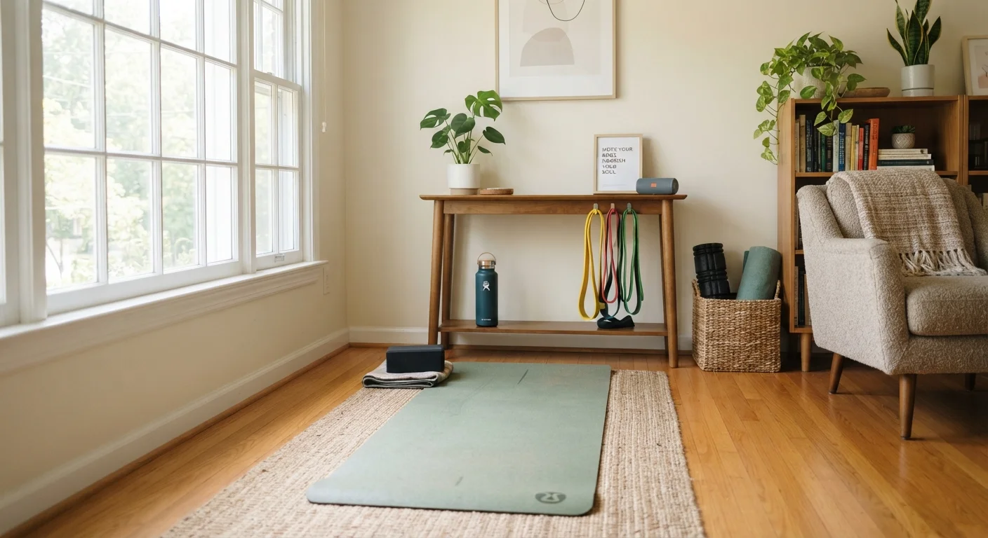 A tidy living room corner set up as a functional home workout space with a yoga mat
