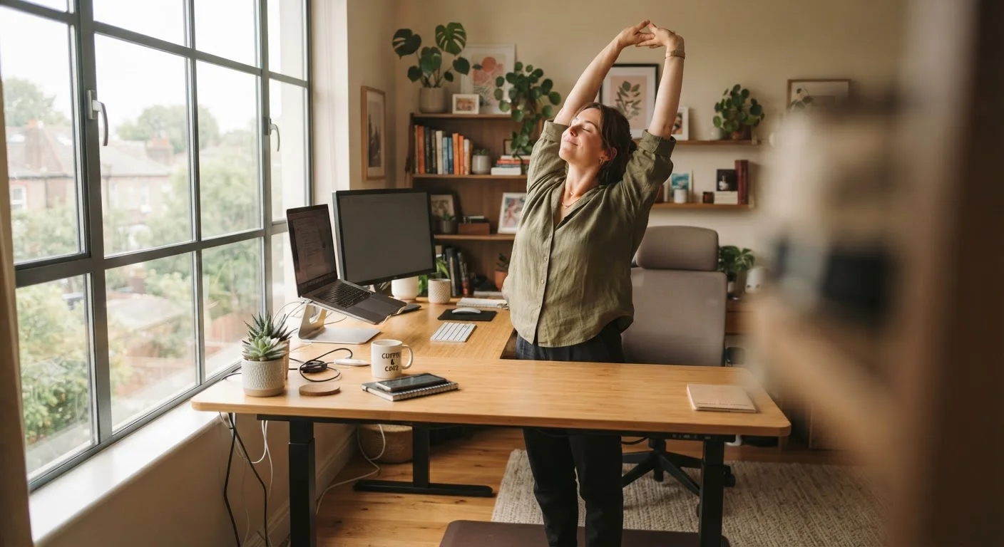 Person standing at a desk taking a brief stretch break during a workday