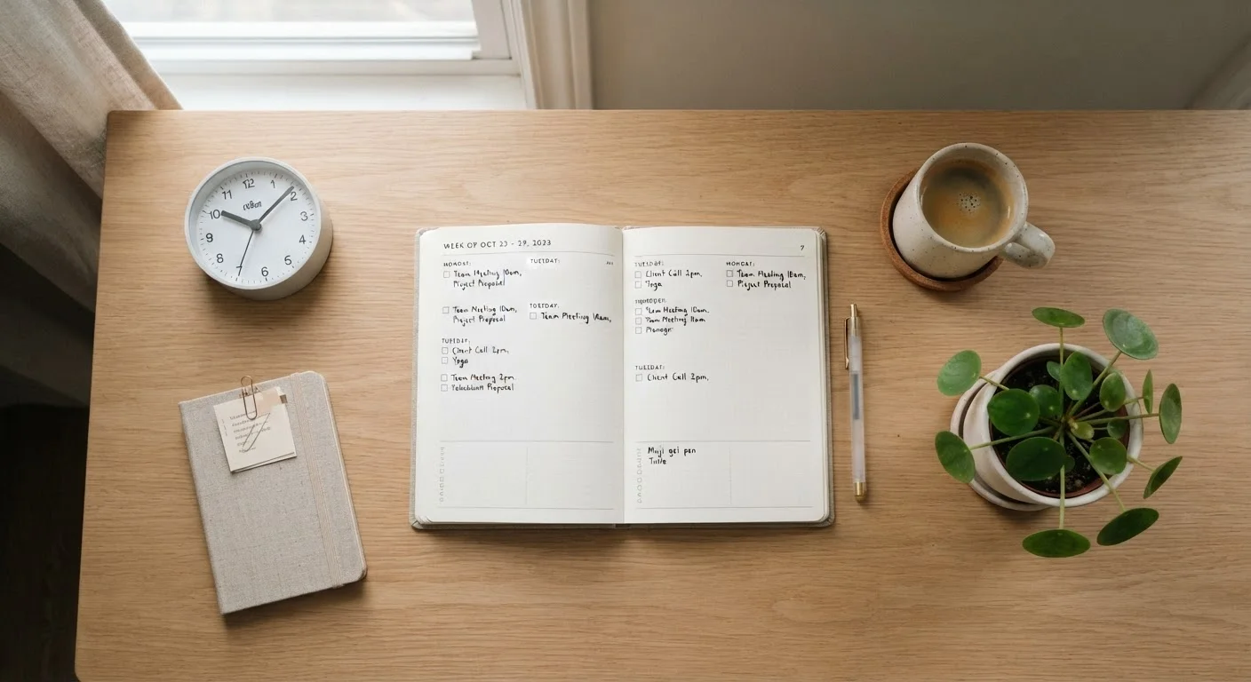 An organized desk with a weekly planner, coffee cup, plant, and analog clock in soft natural light