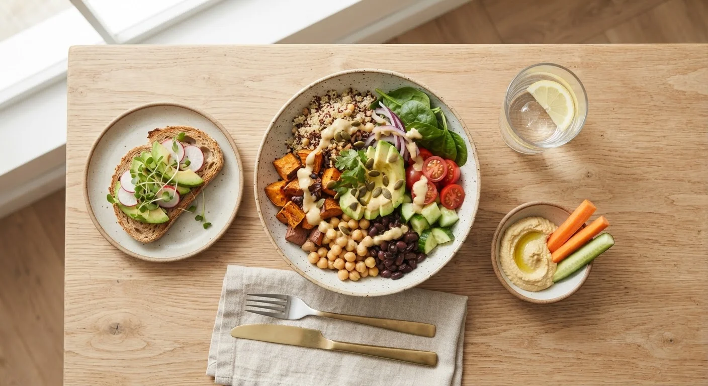 Overhead view of a balanced meal with vegetables, grains, legumes, and water on a wooden table.