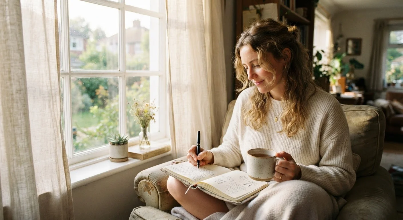 Person journaling at a sunlit window with a warm cup of tea in the morning