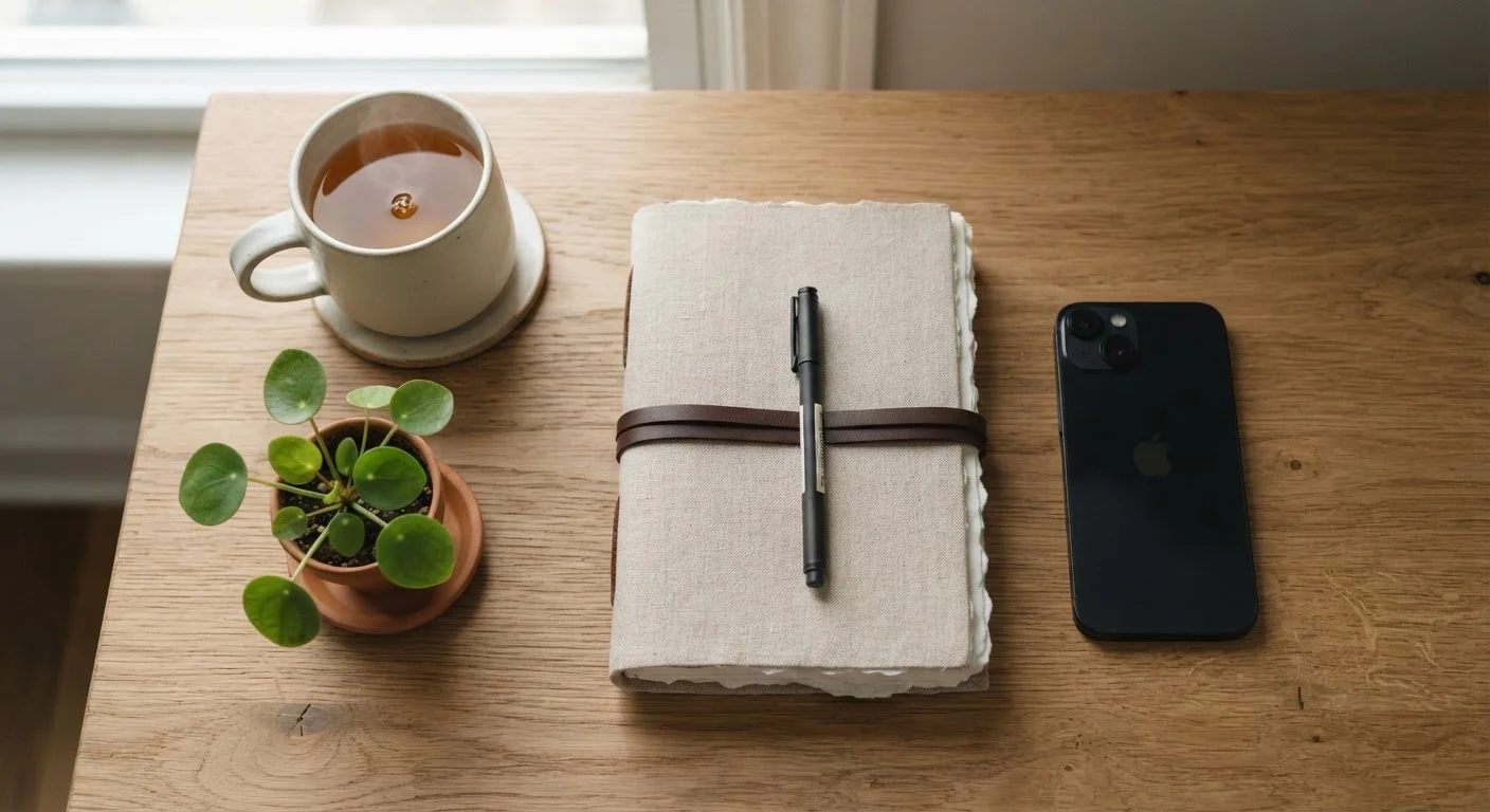 A mindful morning desk setup with journal, tea, plant, and phone face-down