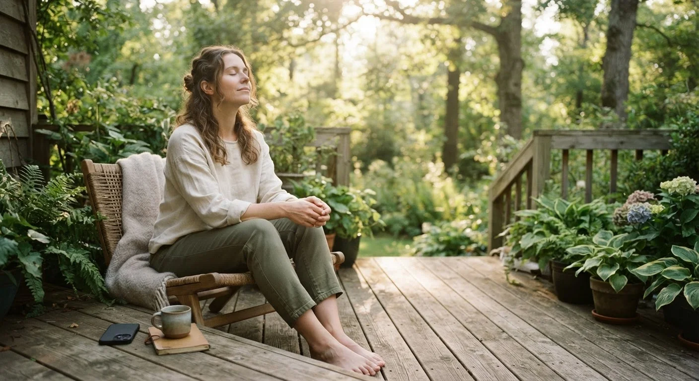 Person sitting quietly outdoors with phone face-down, enjoying intentional disconnection from technology