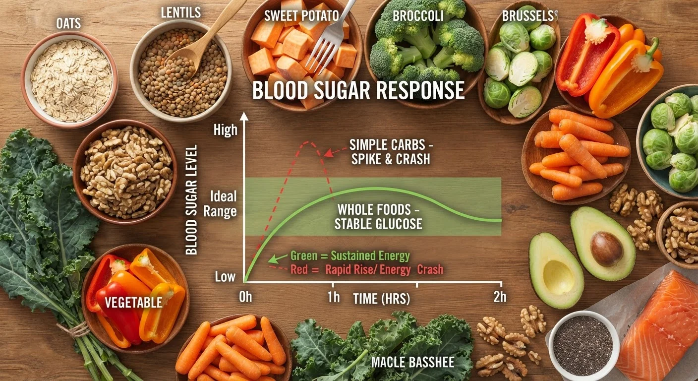 Assortment of whole grains, legumes, and vegetables illustrating low-glycaemic index foods on a wooden surface.