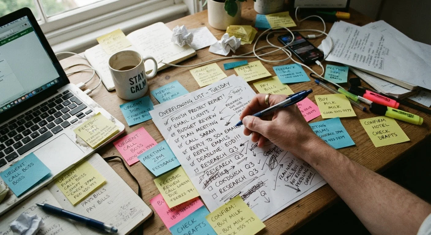 A cluttered desk covered in overlapping to-do lists, sticky notes, and a pen poised over a long task list