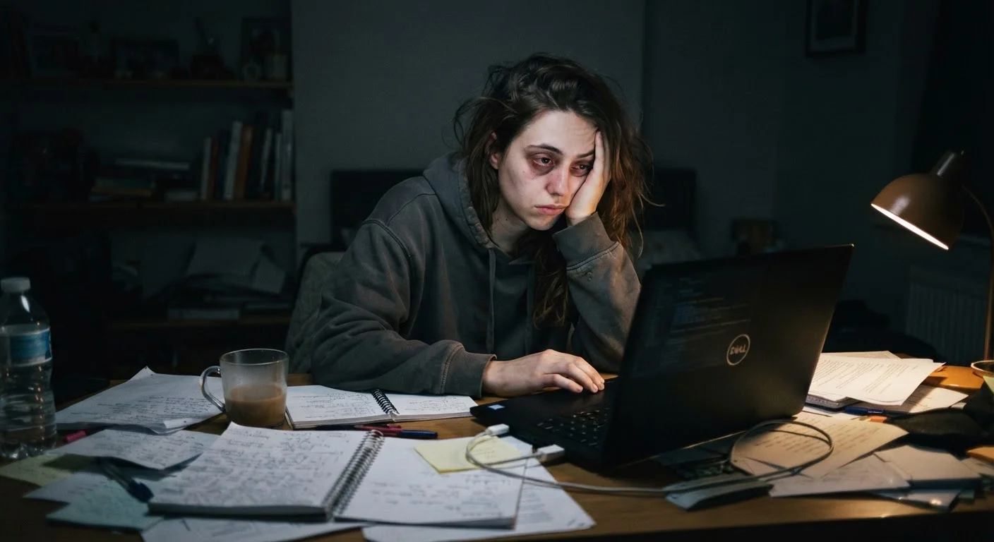 Exhausted adult sitting at a work desk late at night with a glowing laptop screen