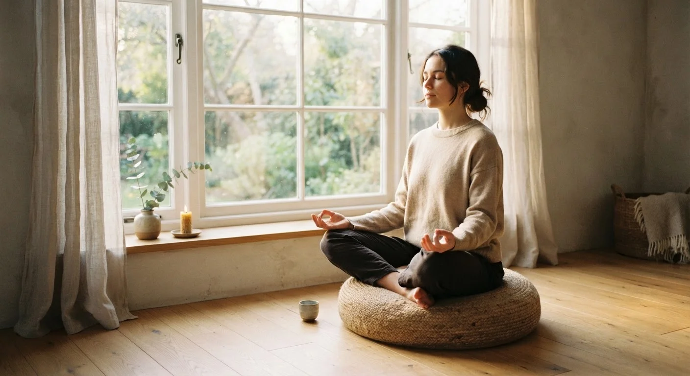 Person sitting cross-legged on a cushion meditating near a sunlit window in a calm room