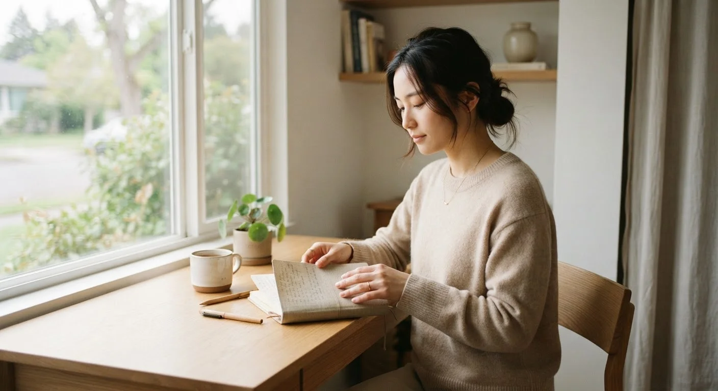 A calm person closing a notebook at a sunlit desk, symbolizing intentional boundary-setting