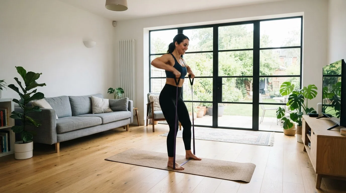 Person exercising with a resistance band in a bright, open home living space