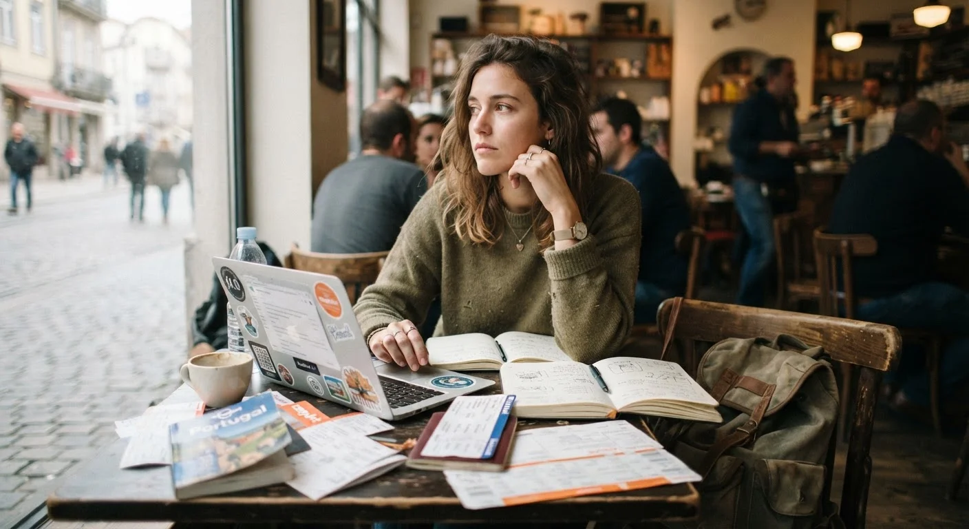 A traveller surrounded by planning materials looking thoughtfully out a café window