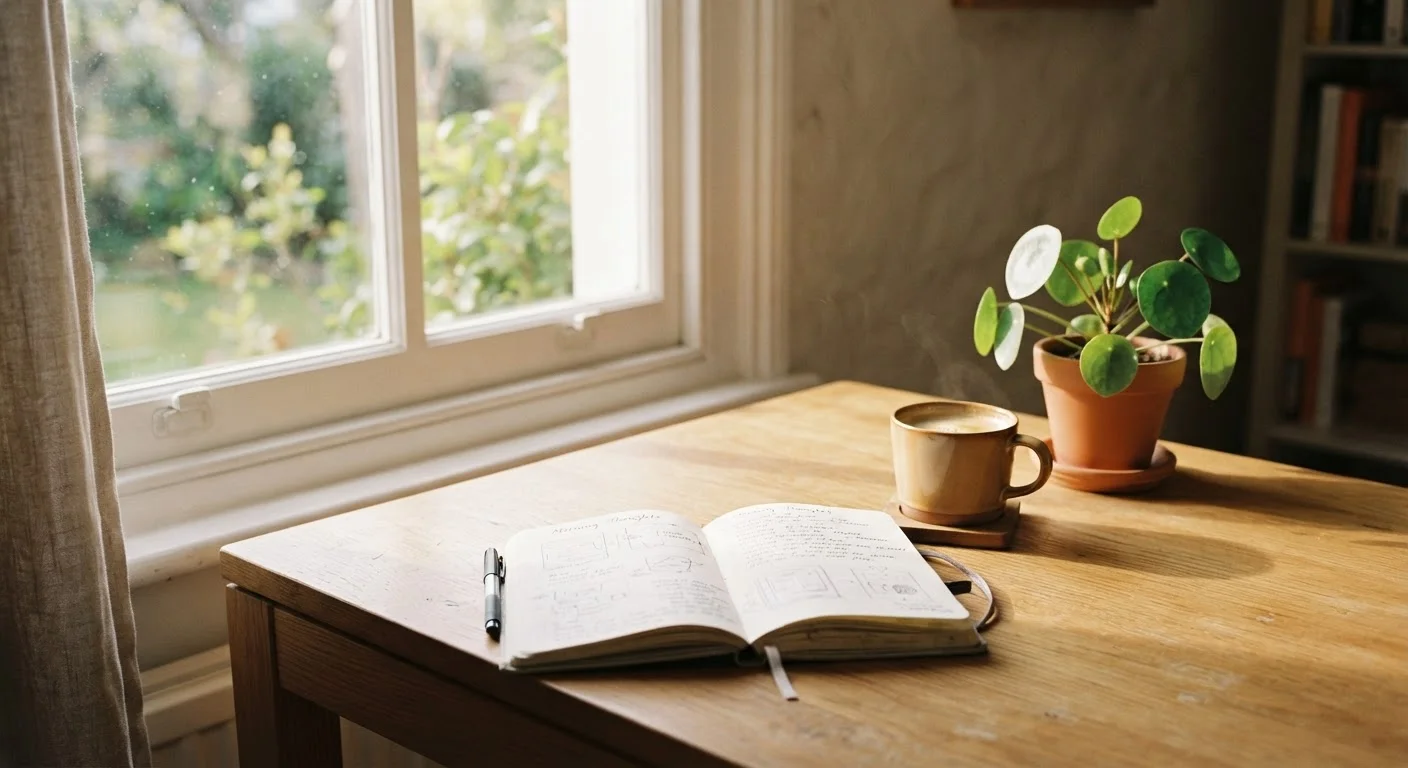 A quiet morning desk setup with journal, coffee cup, and plant bathed in soft natural light