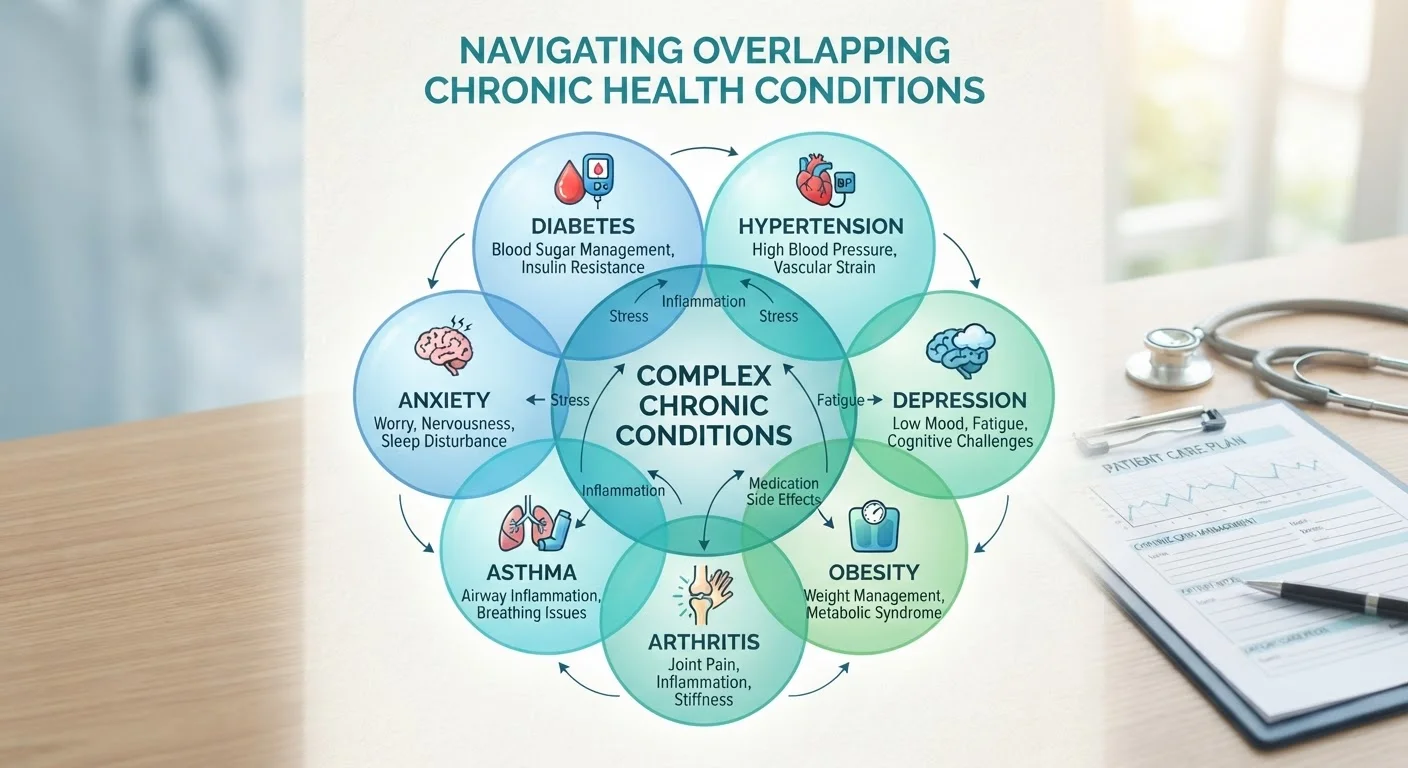 Diagram of overlapping circles representing multiple chronic health conditions coexisting in one adult patient