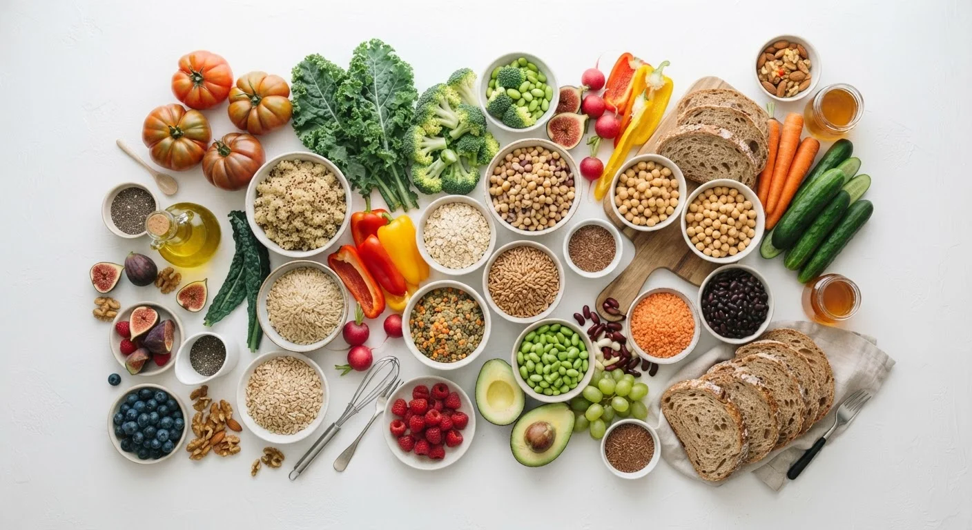 Assortment of whole grains, legumes, fruits, and vegetables displayed on a white surface