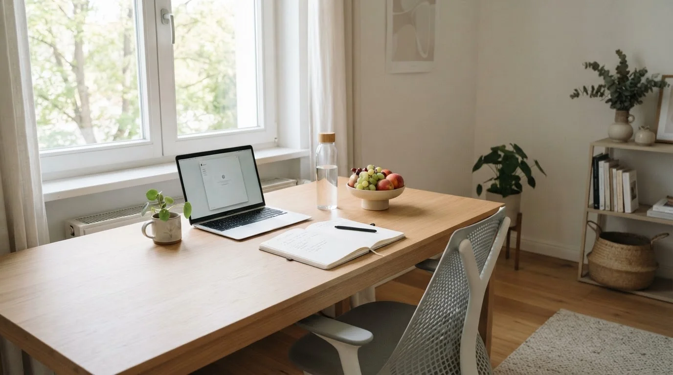 Neatly organized desk with healthy items arranged to encourage positive daily habits