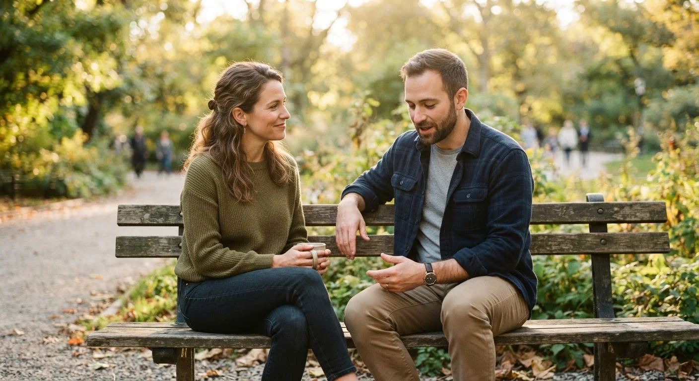 Two adults sitting together on a park bench sharing a quiet, supportive conversation outdoors
