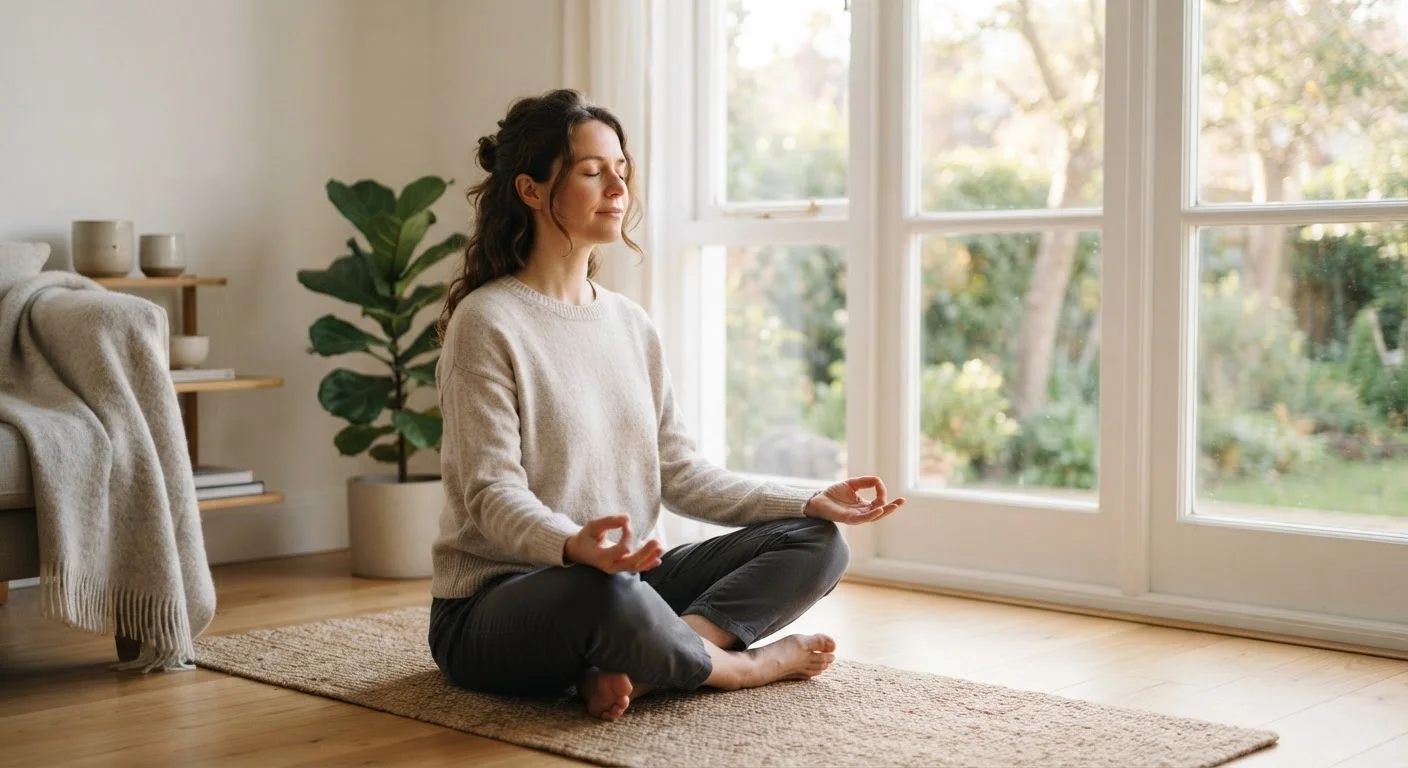 A calm adult sitting cross-legged near a sunlit window practicing deep breathing