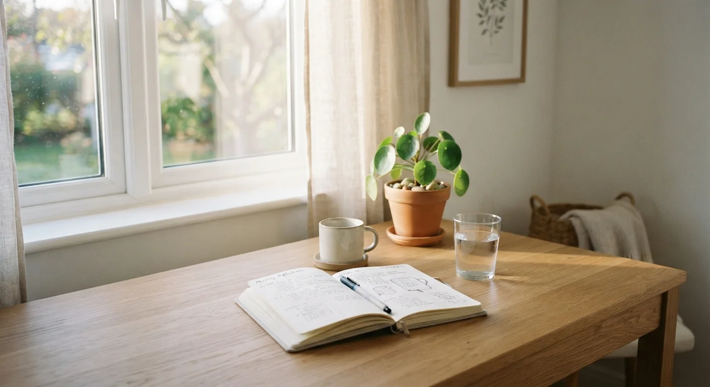 Morning light on a tidy desk with a journal and glass of water, symbolizing a calm morning routine