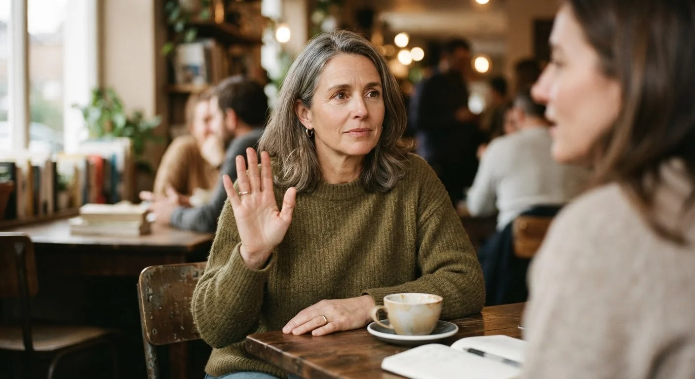 An adult pausing thoughtfully with hand raised in a gentle declining gesture indoors