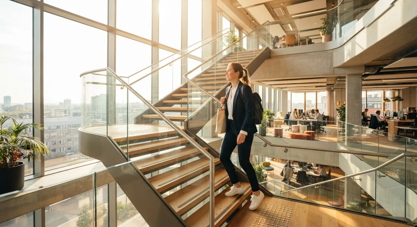Person walking up stairs in a sunlit office building, representing small daily movement habits