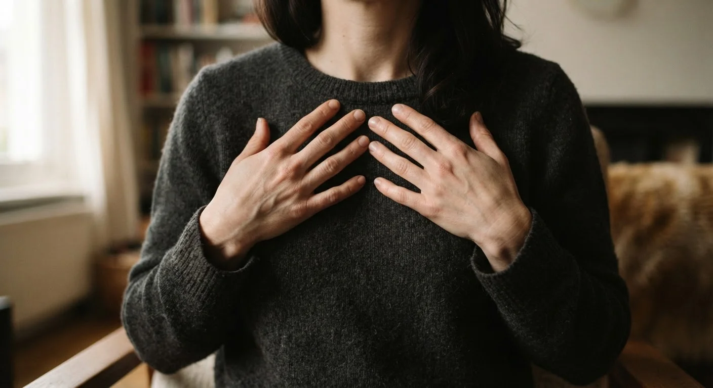 Person pressing hand to chest experiencing physical sensations of stress