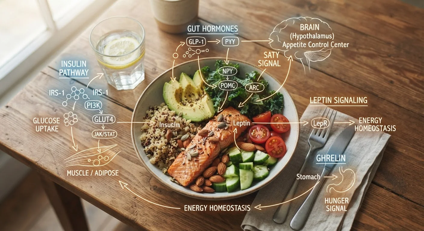 A balanced meal displayed alongside a conceptual illustration of hunger and satiety hormone signals
