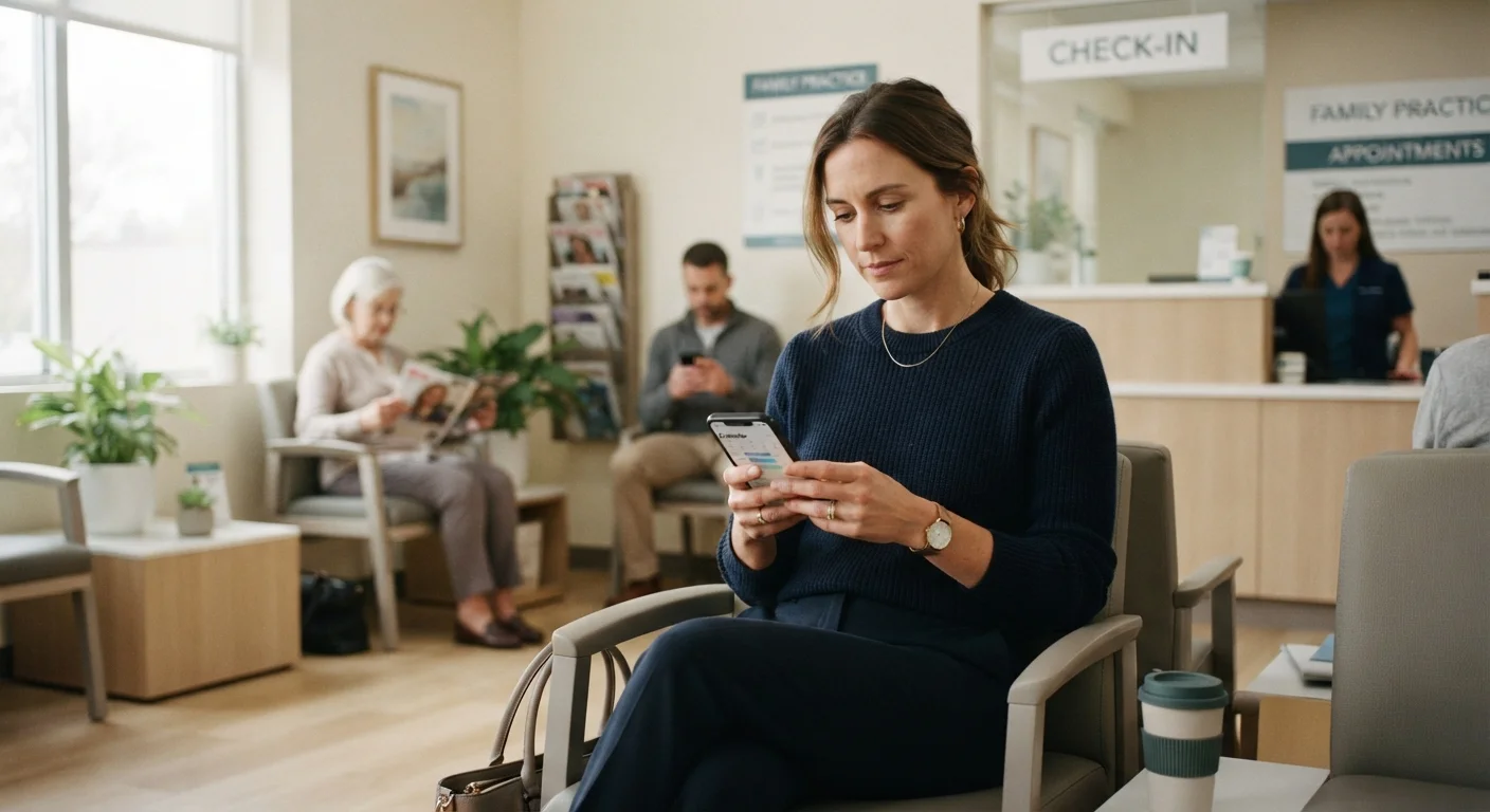 Busy adult sitting in a medical clinic waiting room checking their phone calendar.