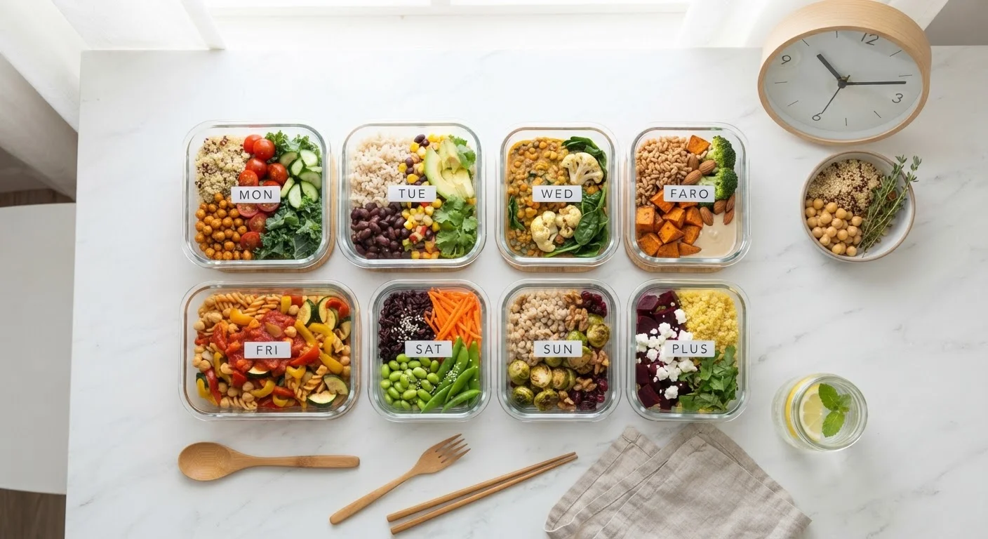 Organized meal prep containers with whole foods, vegetables, grains, and a clock symbolizing structured eating