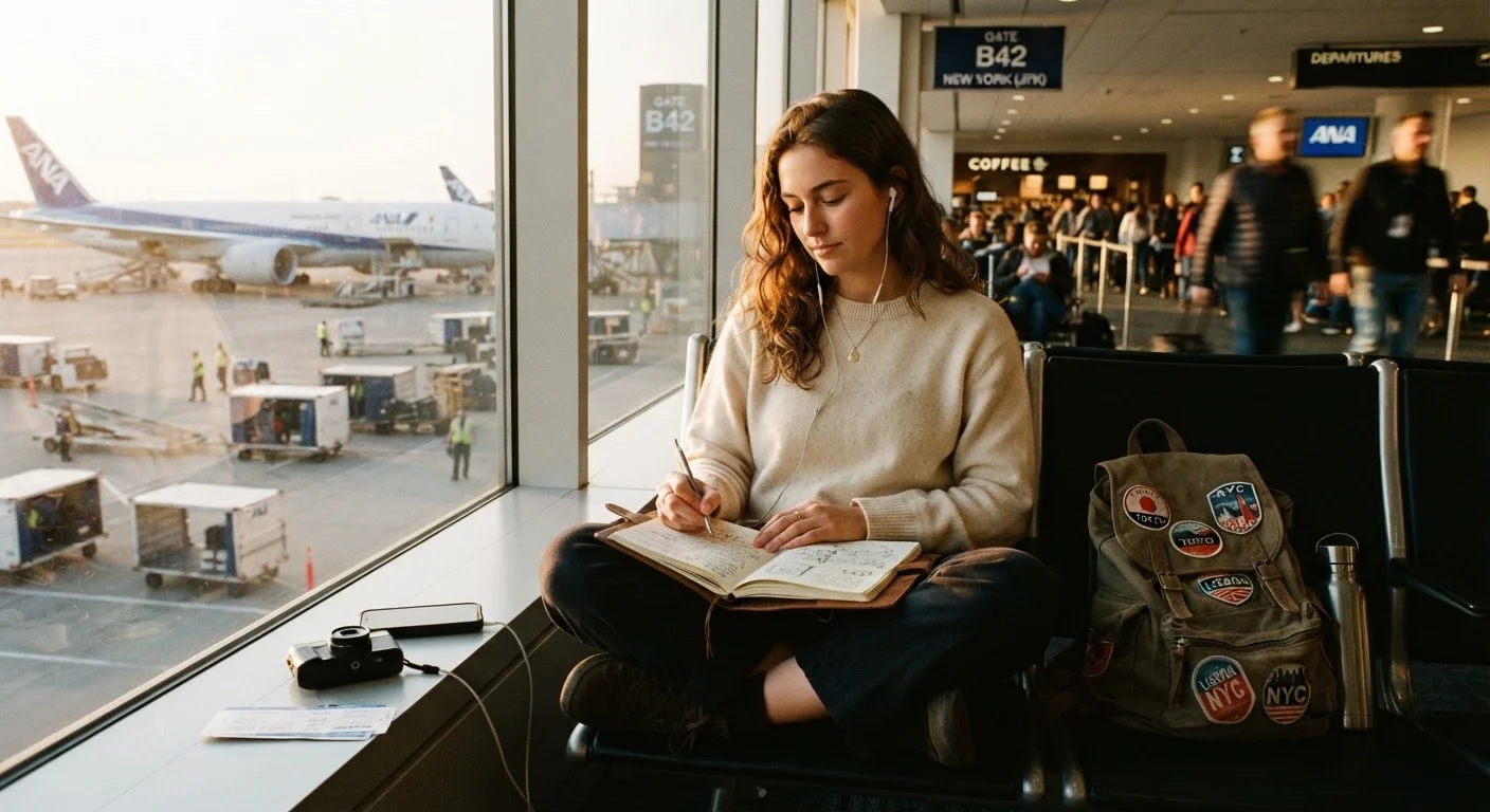 Traveler journaling peacefully at a sunlit airport terminal window amid busy surroundings.