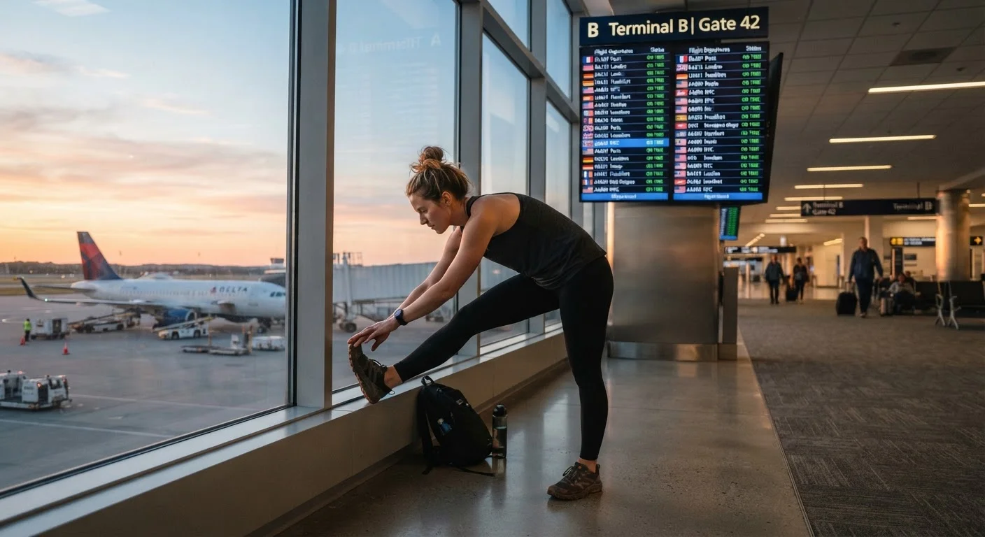 An athlete stretching near airport windows at dawn before a long-haul flight