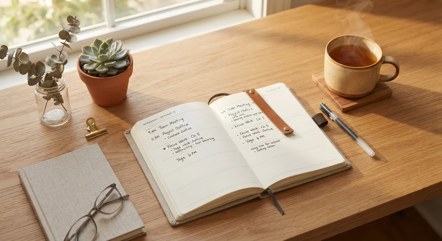 Open weekly planner on a wooden desk beside a warm mug on a calm Sunday morning