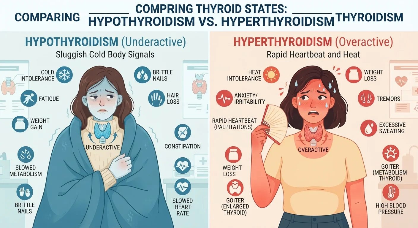 Side-by-side illustration comparing hypothyroidism and hyperthyroidism symptoms in the human body