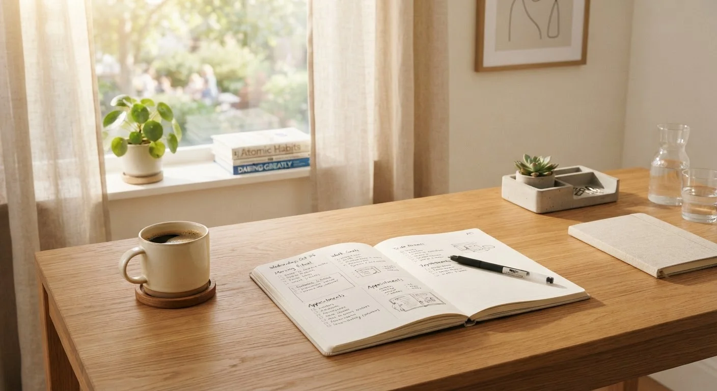 Open planner on a tidy wooden desk with a pen and coffee cup in morning light