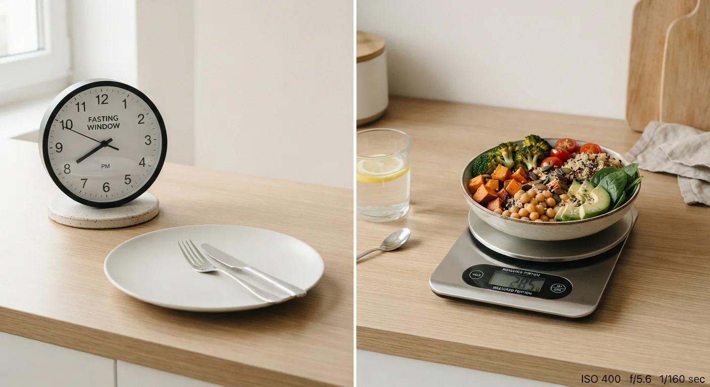 A split image contrasting a clock and empty plate with a measured portion of healthy food on a scale