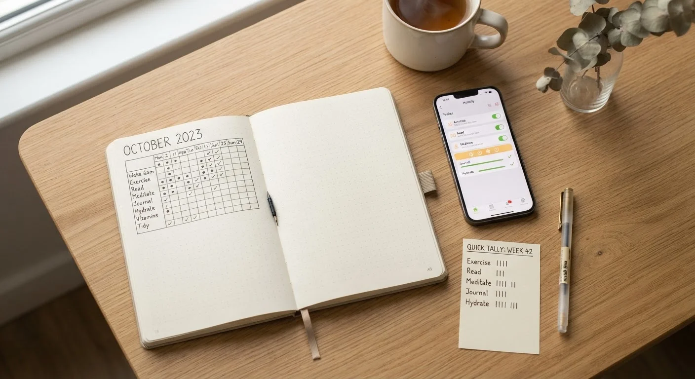 Paper journal, smartphone habit app, and tally sheet laid out side by side on a desk