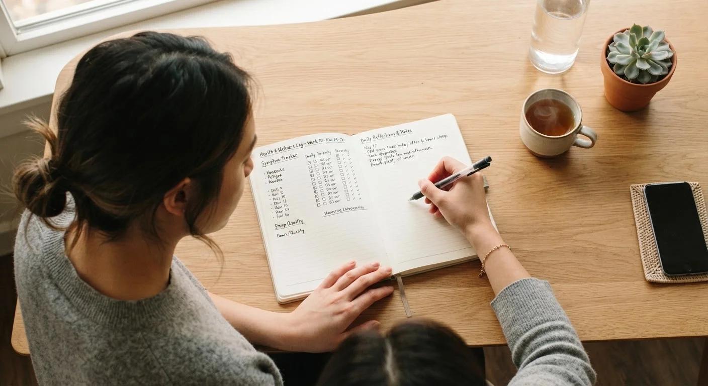 Person writing organized symptom notes in a health journal at a clean desk.