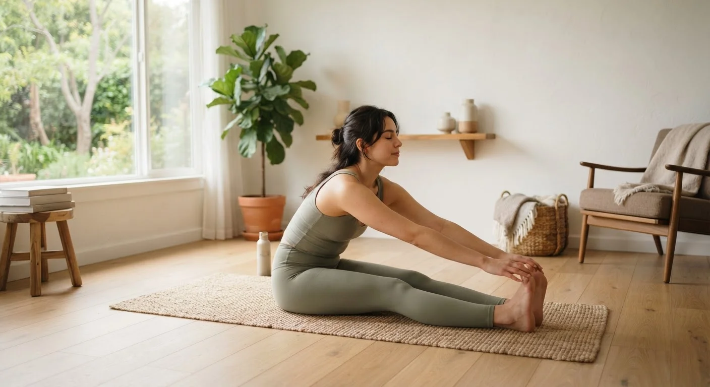 Person performing gentle stretching exercises on a yoga mat in a sunlit living room