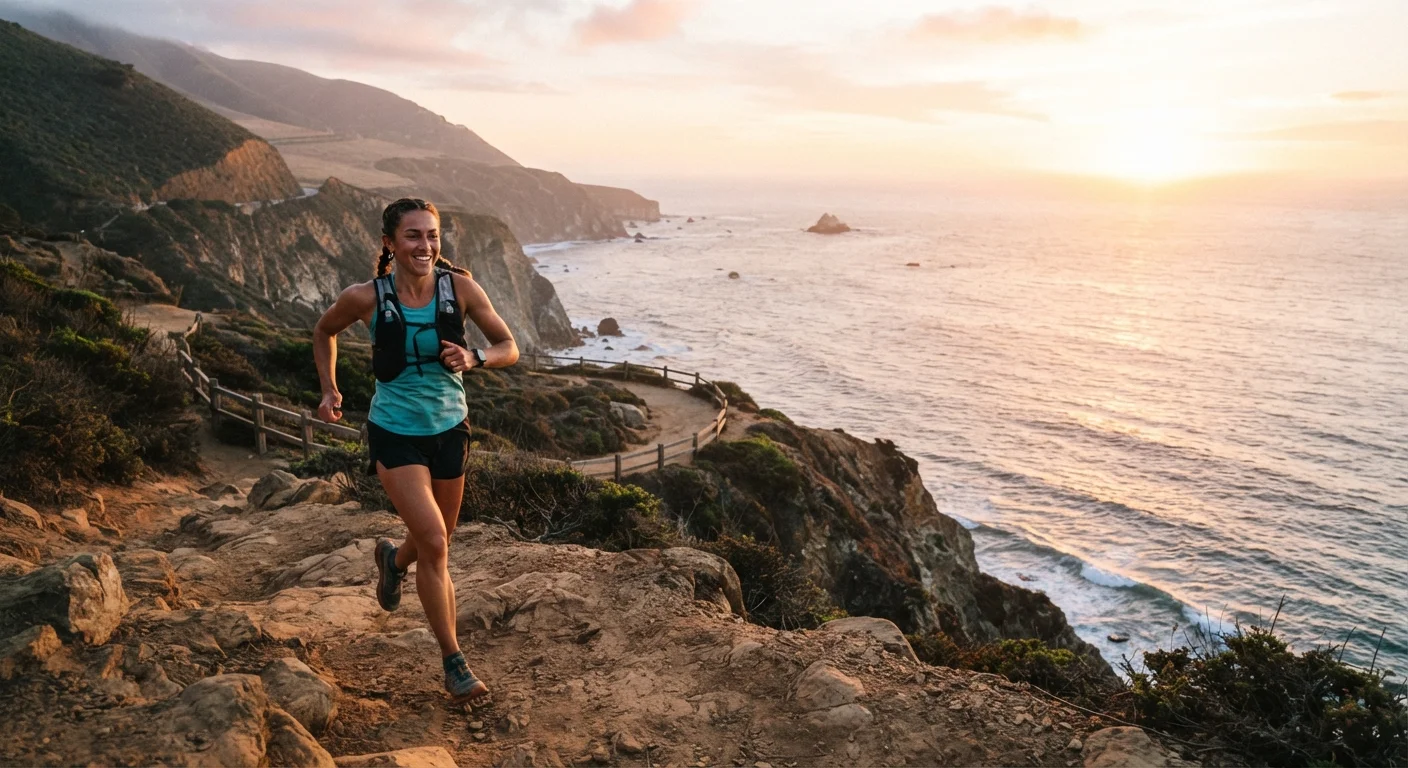 A person running along a scenic coastal trail at sunrise with ocean views
